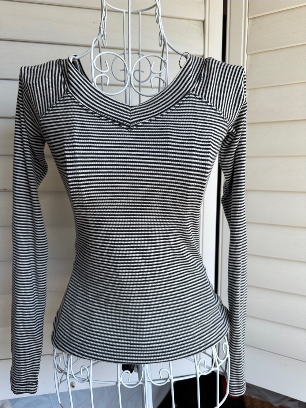 BDG Black and White Striped V-Neck Long Sleeve Top